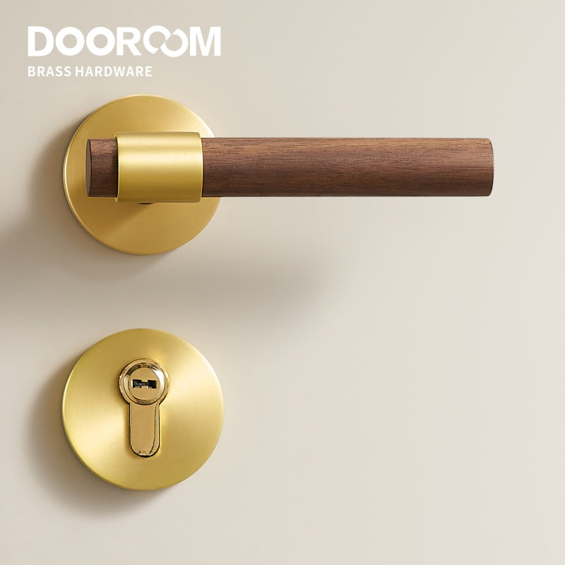Dooroom Brass Walnut Door Lock Set Modern Interior Bedroom Bathroom Double Wood Door Lever Set Dummy Handle Knob DOOROOM
