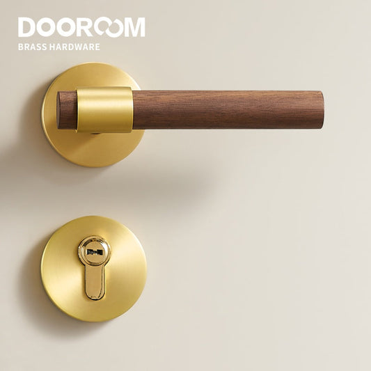 Dooroom Brass Walnut Door Lock Set Modern Interior Bedroom Bathroom Double Wood Door Lever Set Dummy Handle Knob DOOROOM
