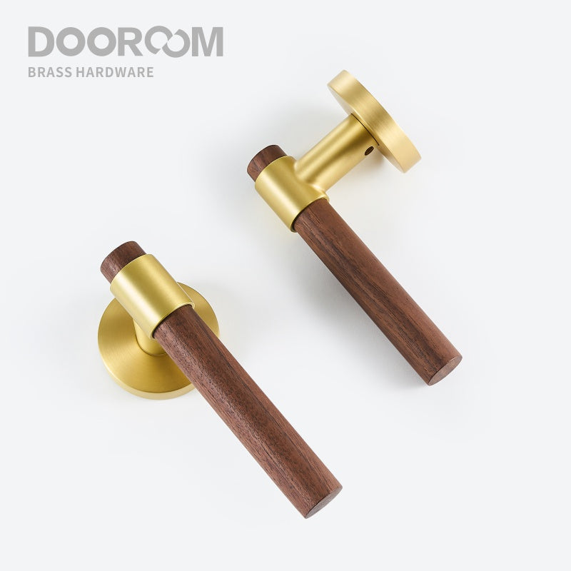 Dooroom Brass Walnut Door Lock Set Modern Interior Bedroom Bathroom Double Wood Door Lever Set Dummy Handle Knob DOOROOM