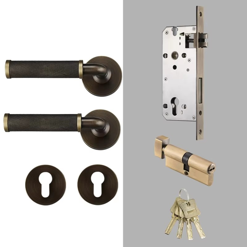 Dooroom Brass Knurled Door Lock Set Modern Interior Bedroom Bathroom Double Wood Door Lever Set Dummy Knob Privacy Passage Locks DOOROOM