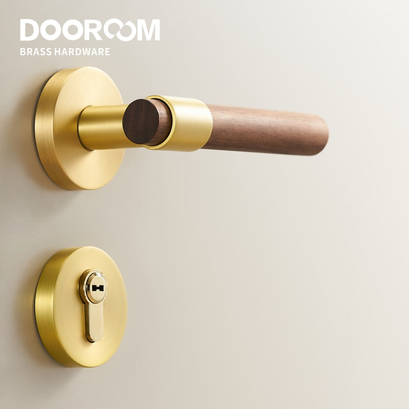 Dooroom Brass Walnut Door Lock Set Modern Interior Bedroom Bathroom Double Wood Door Lever Set Dummy Handle Knob DOOROOM