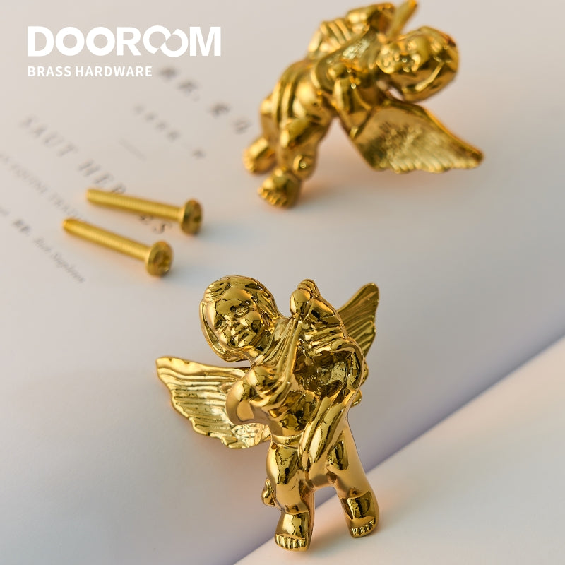 Dooroom Brass Furniture Handles Angel Decorative Shiny Chrome PVD Gold Knobs Cupboard Wardrobe Dresser Drawer Cabinet Pulls DOOROOM