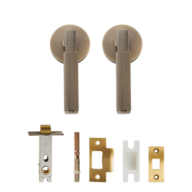 Dooroom US Standard For 2-1/8" Hole Brass Knurled Lever Privacy Door Lock Passage Set  Round Rose 65mm Dummy Closet Handle DOOROOM