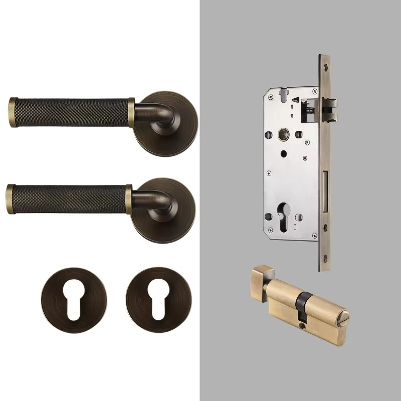 Dooroom Brass Knurled Door Lock Set Modern Interior Bedroom Bathroom Double Wood Door Lever Set Dummy Knob Privacy Passage Locks DOOROOM