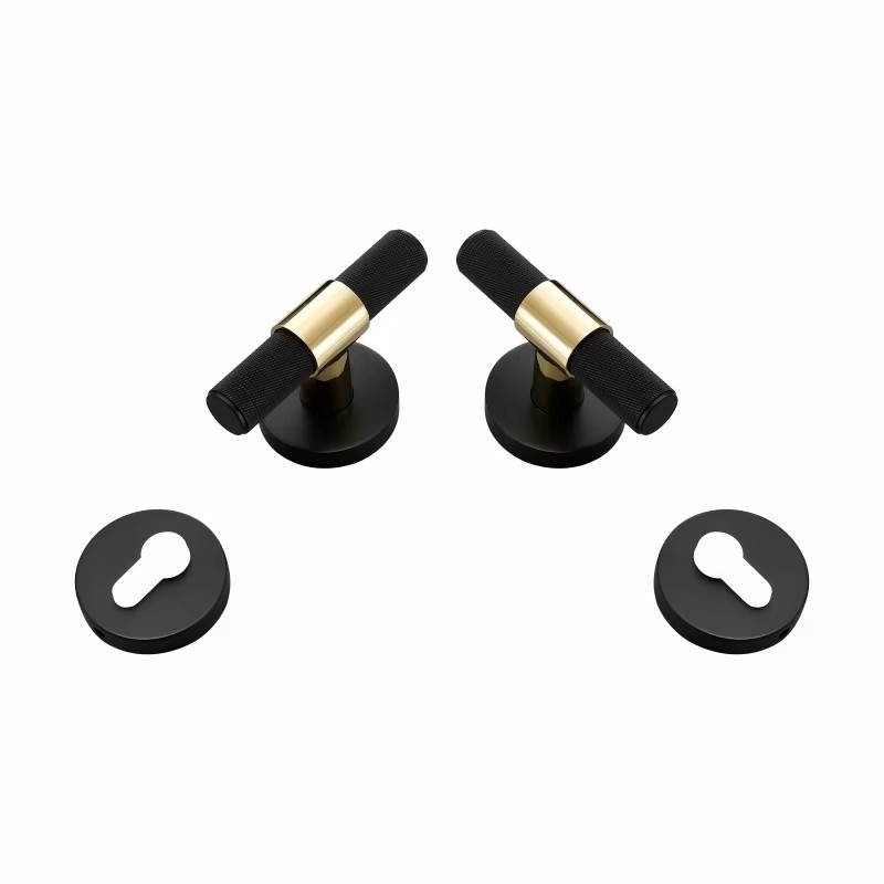 Dooroom Brass Door Lever Set Modern Knurled T-bar Interior Bedroom Bathroom Double Wood Door Lock Set Dummy Knob Hidden Door DOOROOM
