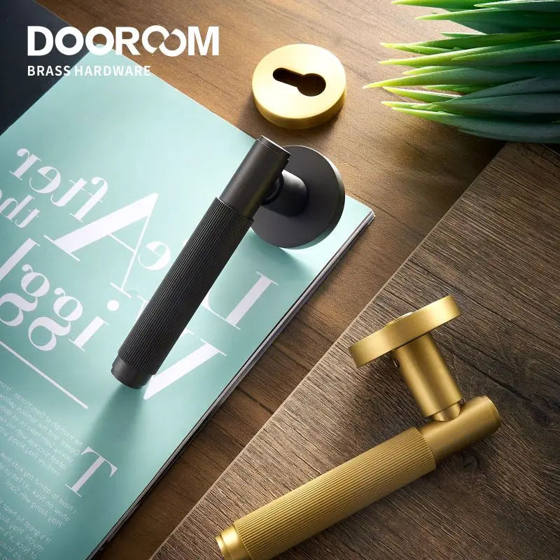 Dooroom Brass Stripe Door Lock Set Modern Grey Interior Bedroom Bathroom Double Wood Lever Dummy Handle Knob Linear DOOROOM