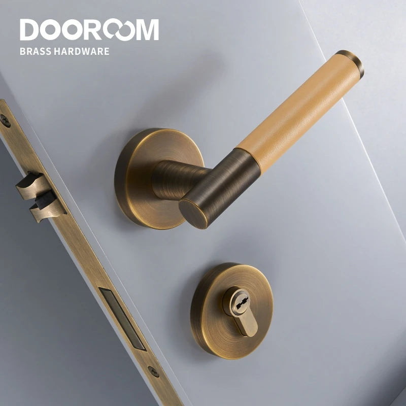 Dooroom Brass Leather Door Lock Set Modern Italian Style Interior Bedroom Bathroom Double Wood Door Lever Set Dummy Handle DOOROOM
