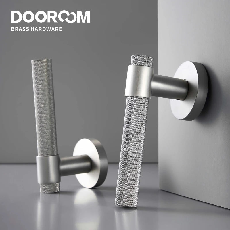 Dooroom Brass Knurled Door Lock Set Silver Matt Brushed Nickel Interior Bedroom Bathroom Double Wood Door Lever Set Dummy Handle DOOROOM