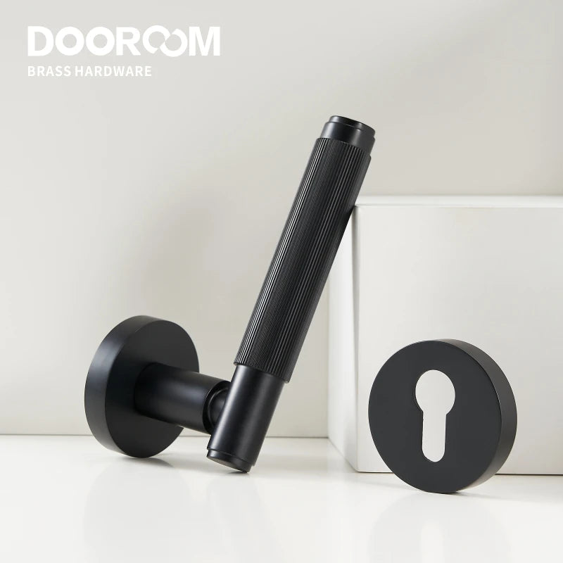 Dooroom Brass Mute Door Lock Set Modern Stripe Black Interior Bedroom Bathroom Wood Lever Dummy Handle DOOROOM