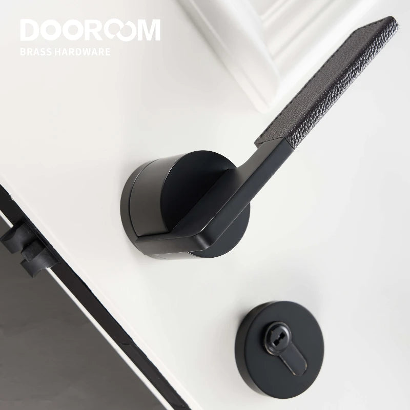 Dooroom Brass Leather Door Lock Set Black Brushed Nickel Bedroom Bathroom Double Wood Door Lever Set Dummy Privacy Passage DOOROOM