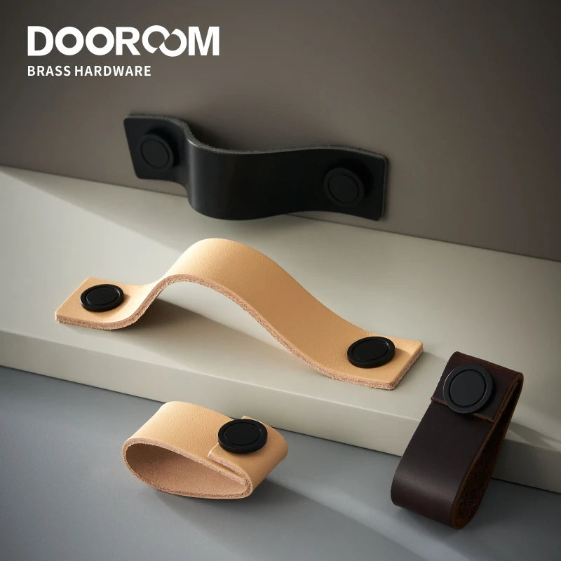 Dooroom Brass Furniture Handles Real Cow Leather Nordic Modern Wardrobe Dresser Cupboard Cabinet Drawer Shoe Box Wine Bar Pulls DOOROOM