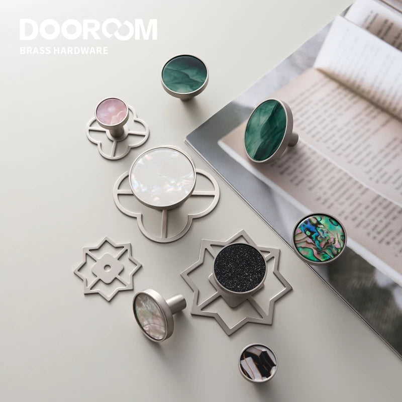 Dooroom Brass Furniture Handles Colorful Shell Matt Brushed Nickel Silver Hooks Wardrobe Dresser Cupboard Cabinet Drawer Knobs DOOROOM