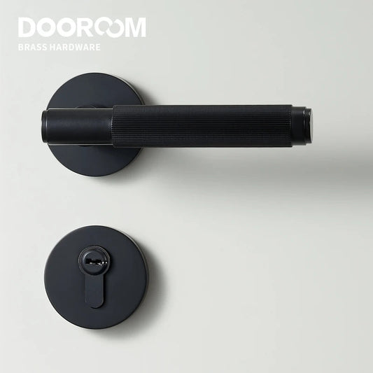 Dooroom Brass Mute Door Lock Set Modern Stripe Black Interior Bedroom Bathroom Wood Lever Dummy Handle DOOROOM