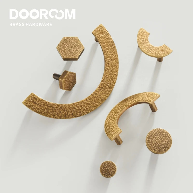 Dooroom Brass Furniture Handles Modern Hammered Round Hexagon Pulls Wardrobe Dresser Cupboard Cabinet Drawer Wine Bar Knobs DOOROOM