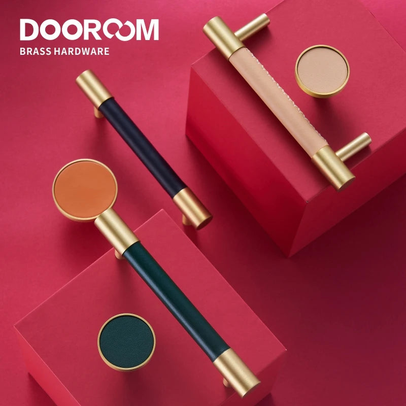 Dooroom Brass Furniture Handles Real Leather Nordic Simple Pulls Cupboard Wardrobe Dresser Shoe Box Drawer Wine Bar Cabinet Knob DOOROOM