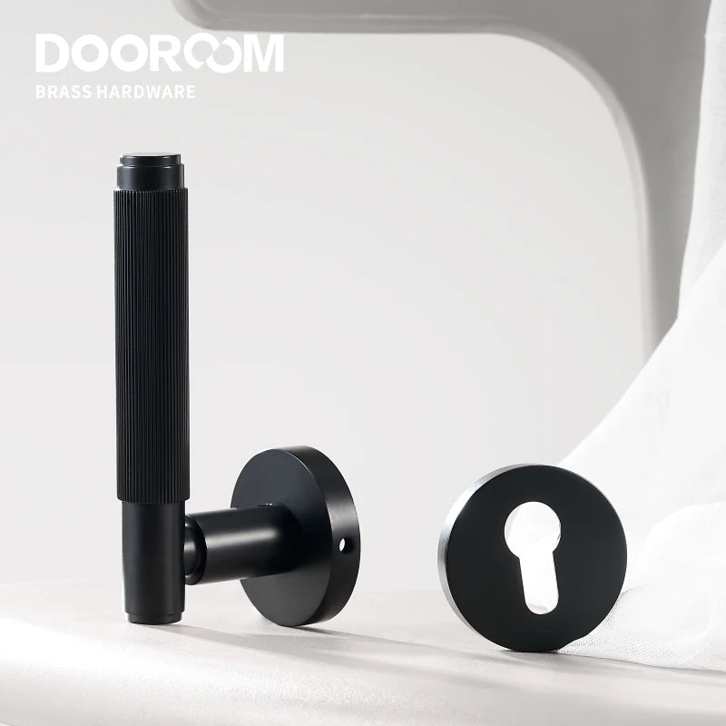 Dooroom Brass Mute Door Lock Set Modern Stripe Black Interior Bedroom Bathroom Wood Lever Dummy Handle DOOROOM