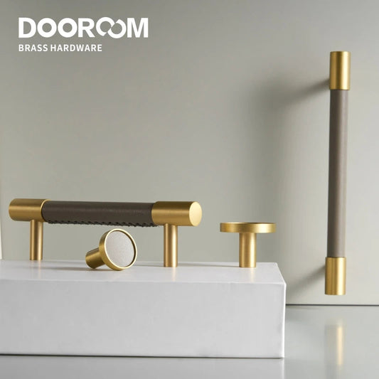Dooroom Brass Real Leather Furniture Handles Light Luxury Grey Wardrobe Dresser Cupboard Cabinet Drawer Pulls Easy Maintenance DOOROOM