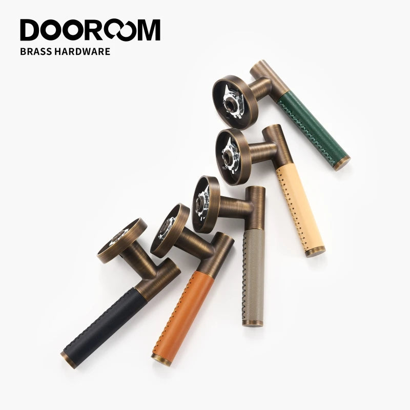 Dooroom Brass Leather Door Lock Set Modern Italian Style Interior Bedroom Bathroom Double Wood Door Lever Set Dummy Handle DOOROOM