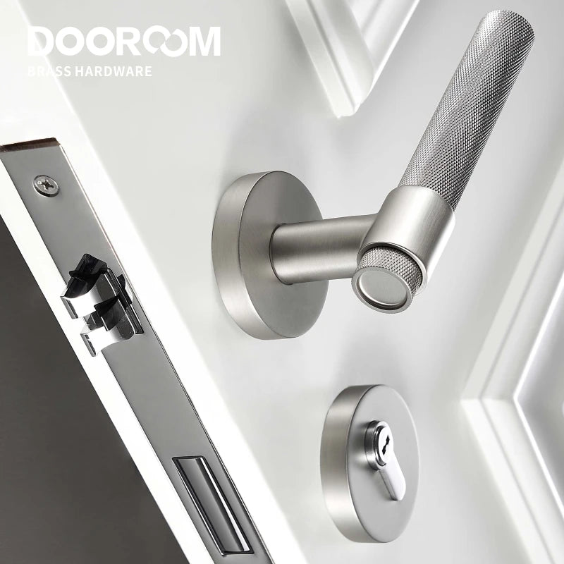 Dooroom Brass Knurled Door Lock Set Silver Matt Brushed Nickel Interior Bedroom Bathroom Double Wood Door Lever Set Dummy Handle DOOROOM