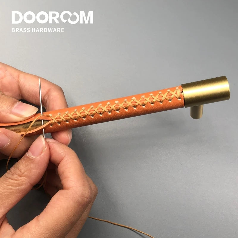 Dooroom Brass Furniture Handles Real Leather Nordic Simple Pulls Cupboard Wardrobe Dresser Shoe Box Drawer Wine Bar Cabinet Knob DOOROOM