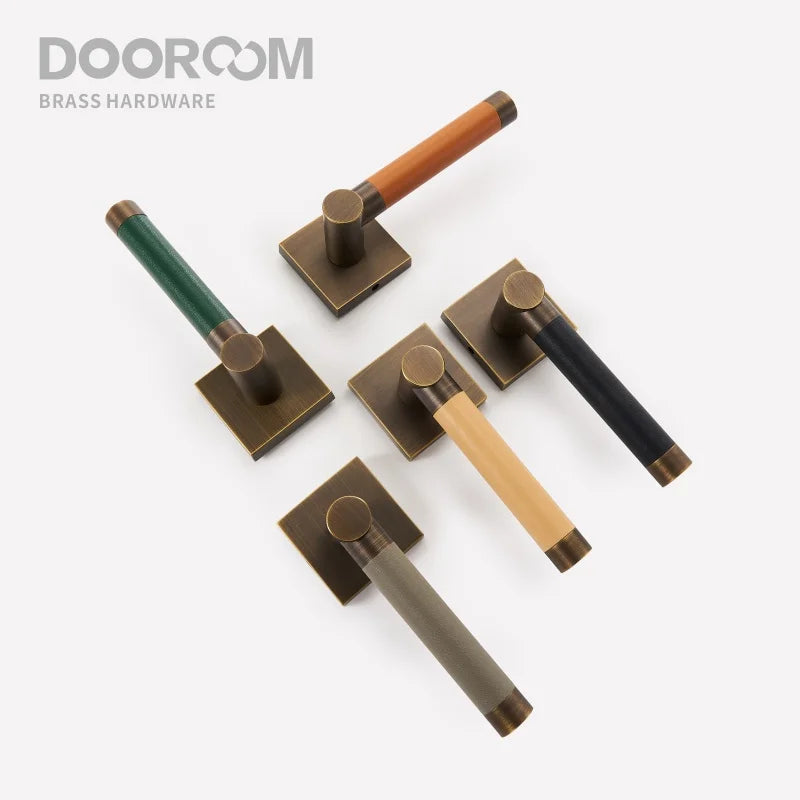 Dooroom Brass Door Lock Set Modern Replaceable Leather Interior Bedroom Bathroom Double Dummy Privacy Passage Door Lever Set DOOROOM