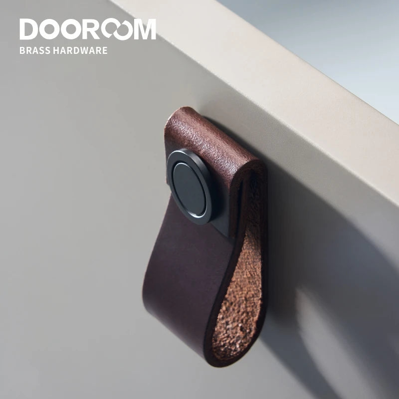 Dooroom Brass Furniture Handles Real Cow Leather Nordic Modern Wardrobe Dresser Cupboard Cabinet Drawer Shoe Box Wine Bar Pulls DOOROOM
