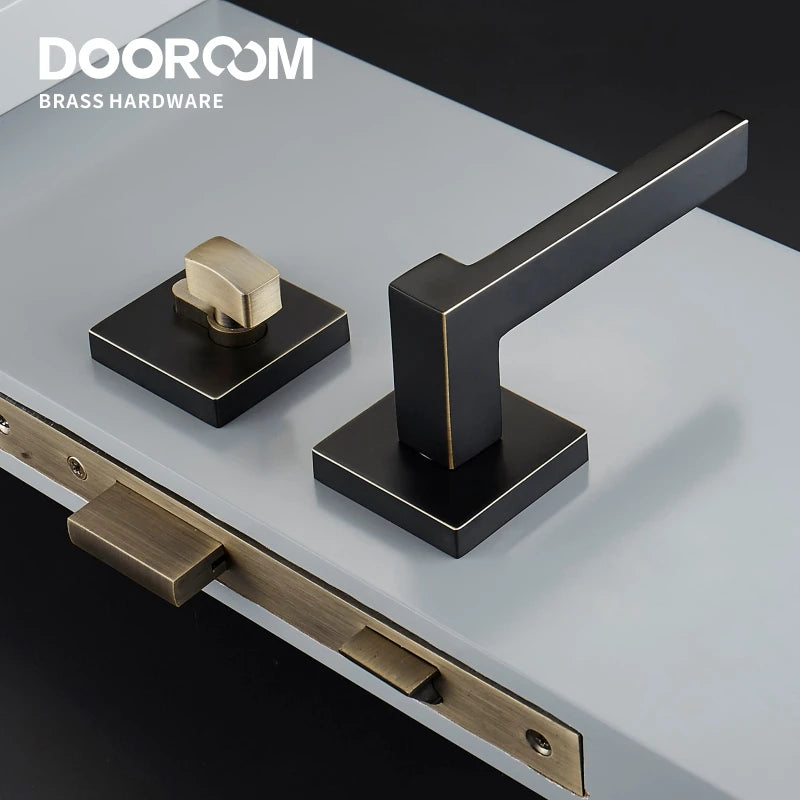 Dooroom Brass Door Lever American Nordic Modern Solid Wood Interior Door Lock Bedroom Split Mechanical Set Handle Black Square DOOROOM