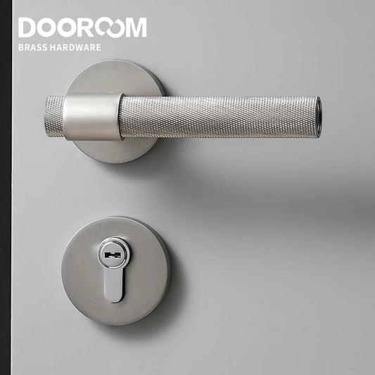 Dooroom Brass Knurled Door Lock Set Silver Matt Brushed Nickel Interior Bedroom Bathroom Double Wood Door Lever Set Dummy Handle DOOROOM