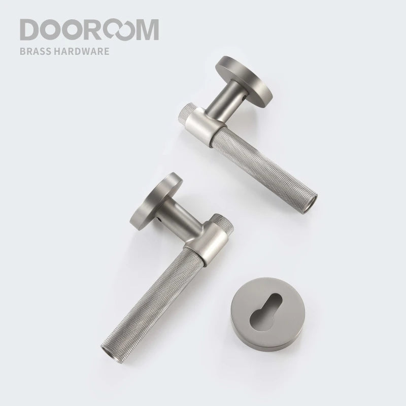 Dooroom Brass Knurled Door Lock Set Silver Matt Brushed Nickel Interior Bedroom Bathroom Double Wood Door Lever Set Dummy Handle DOOROOM