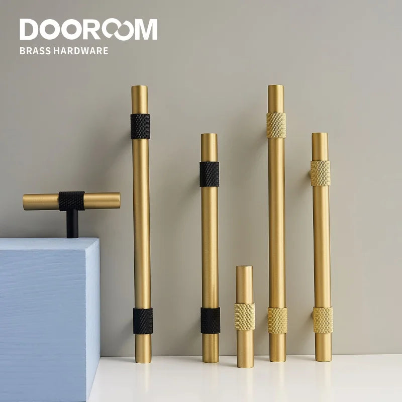 Dooroom Brass Furniture Handles Modern Knurling Black Gold Pulls Wardrobe Dresser Cupboard Cabinet Drawer Shoe Box Knobs DOOROOM