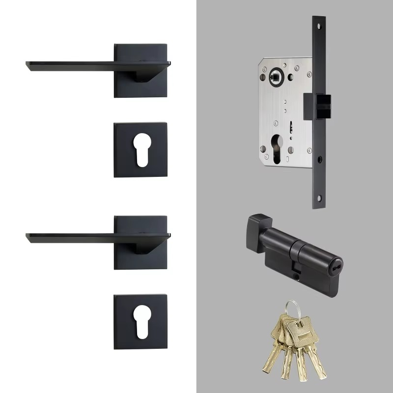 Dooroom Brass Door Lock Set Modern Black Interior Bedroom Bathroom Double Wood Door Lever Set Dummy Lock Handle DOOROOM