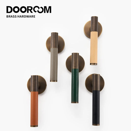 Dooroom Brass Leather Door Lock Set Modern Italian Style Interior Bedroom Bathroom Double Wood Door Lever Set Dummy Handle DOOROOM