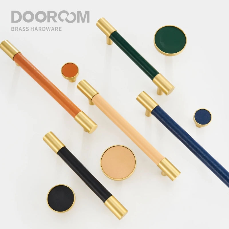 Dooroom Brass Furniture Handles Real Leather Nordic Simple Pulls Cupboard Wardrobe Dresser Shoe Box Drawer Wine Bar Cabinet Knob DOOROOM