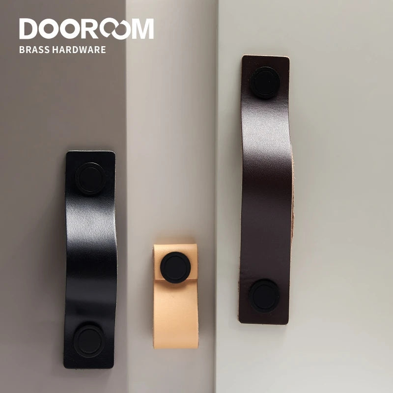 Dooroom Brass Furniture Handles Real Cow Leather Nordic Modern Wardrobe Dresser Cupboard Cabinet Drawer Shoe Box Wine Bar Pulls DOOROOM