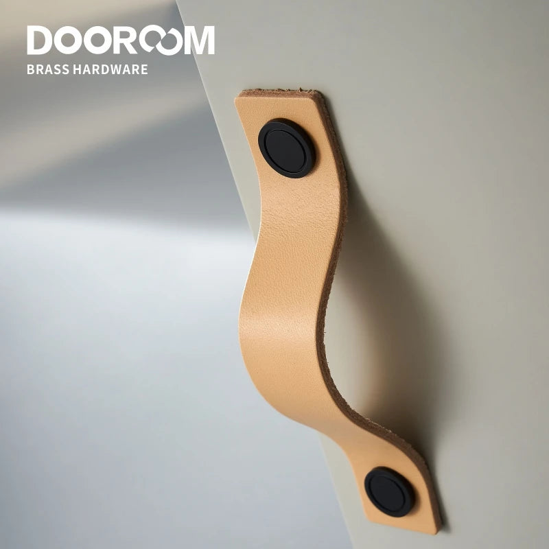 Dooroom Brass Furniture Handles Real Cow Leather Nordic Modern Wardrobe Dresser Cupboard Cabinet Drawer Shoe Box Wine Bar Pulls DOOROOM