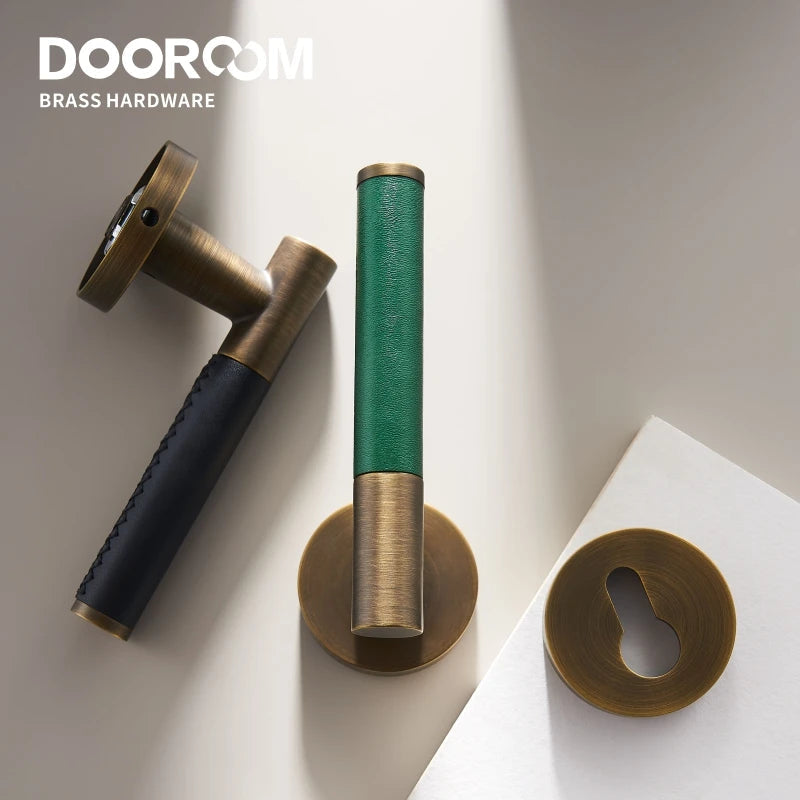 Dooroom Brass Leather Door Lock Set Modern Italian Style Interior Bedroom Bathroom Double Wood Door Lever Set Dummy Handle DOOROOM