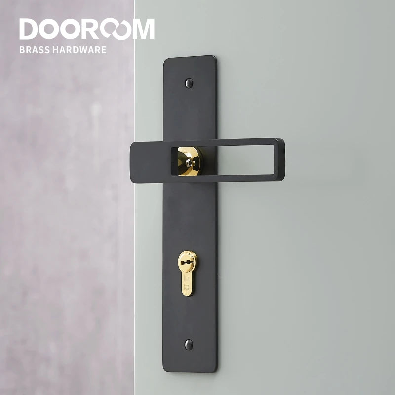 Dooroom Brass Door Lever Ultra-thin Mute Black Gold Interior Bedroom Bathroom Wood Door Lock Set Long Plate DOOROOM