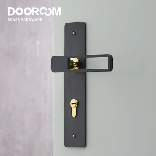 Dooroom Brass Door Lever Ultra-thin Mute Black Gold Interior Bedroom Bathroom Wood Door Lock Set Long Plate DOOROOM