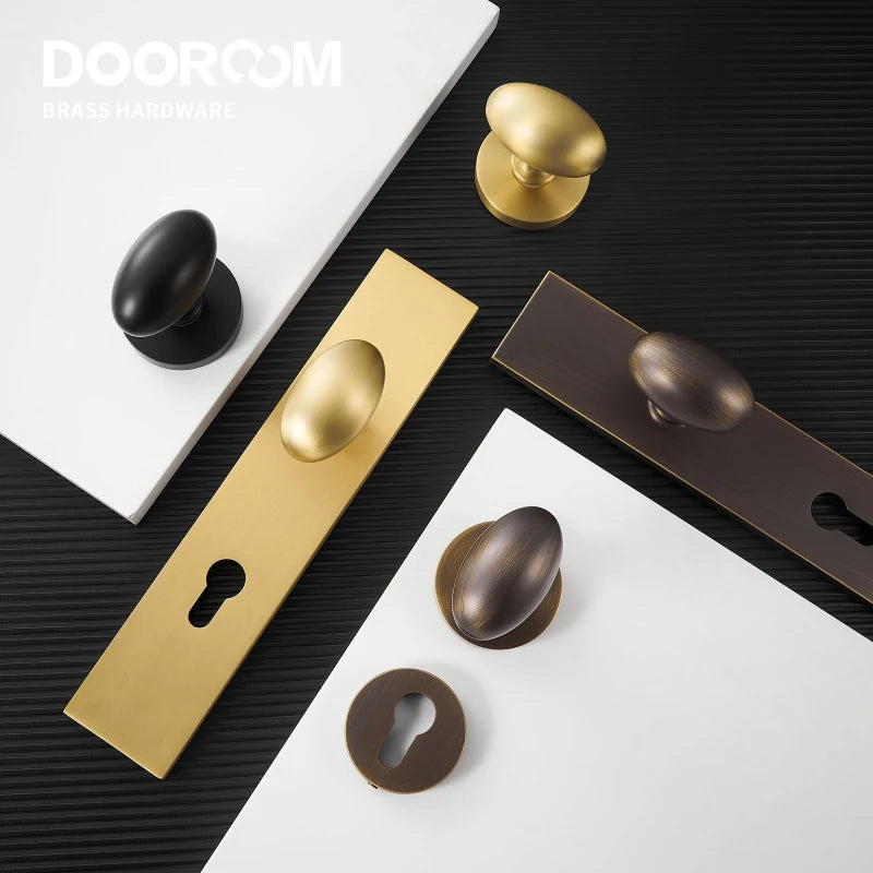 Dooroom Brass Door Lock Set Modern Egg Shaped Knob Long Plate Interior Bedroom Bathroom Double Wood Door Lever Set Dummy Handles DOOROOM