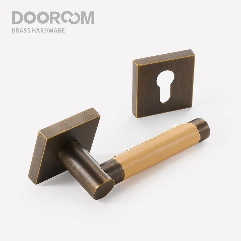 Dooroom Brass Door Lock Set Modern Replaceable Leather Interior Bedroom Bathroom Double Dummy Privacy Passage Door Lever Set DOOROOM