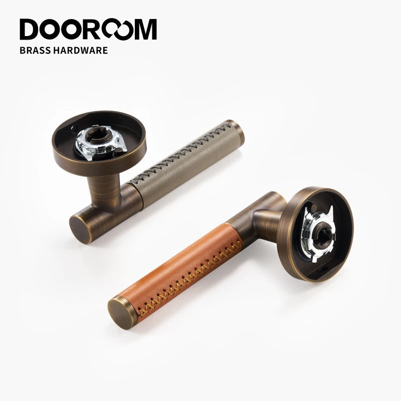 Dooroom Brass Leather Door Lock Set Modern Italian Style Interior Bedroom Bathroom Double Wood Door Lever Set Dummy Handle DOOROOM