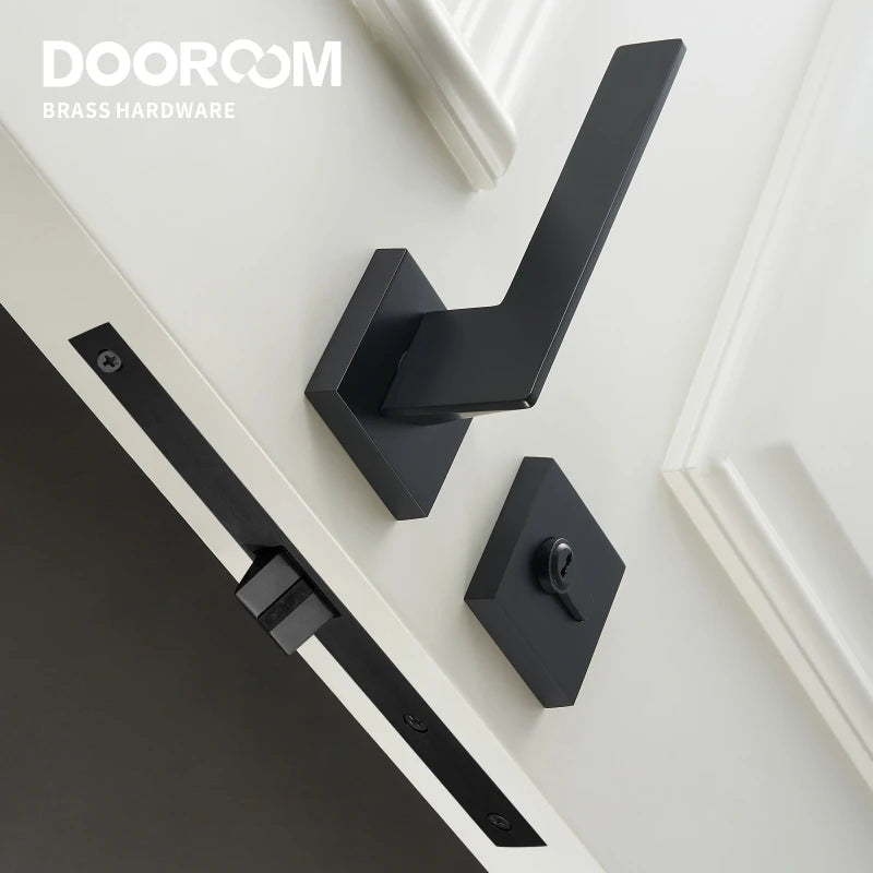 Dooroom Brass Door Lock Set Modern Black Interior Bedroom Bathroom Double Wood Door Lever Set Dummy Lock Handle DOOROOM