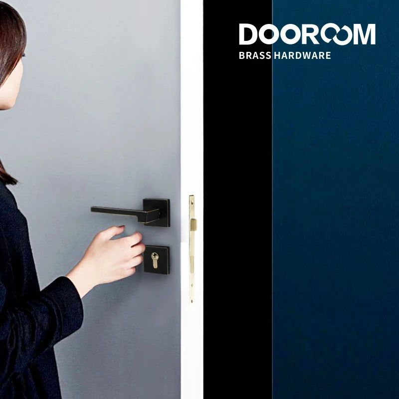 Dooroom Brass Door Lever American Nordic Modern Solid Wood Interior Door Lock Bedroom Split Mechanical Set Handle Black Square DOOROOM