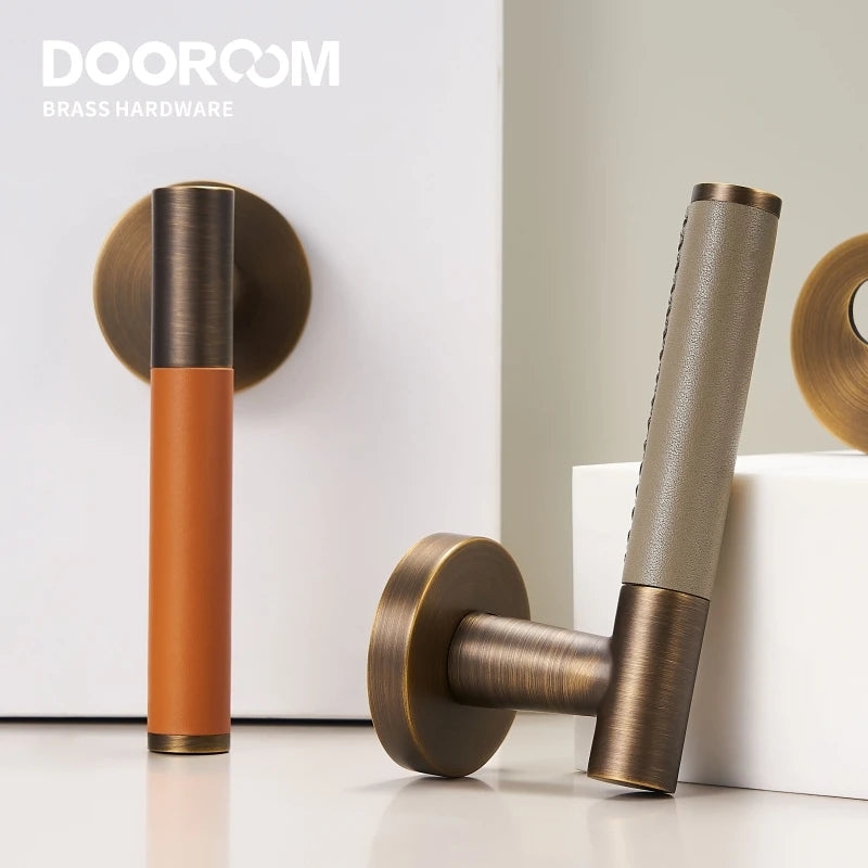 Dooroom Brass Leather Door Lock Set Modern Italian Style Interior Bedroom Bathroom Double Wood Door Lever Set Dummy Handle DOOROOM