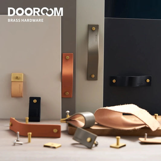 Dooroom Brass&Leather Furniture Handles Nordic Modern Wardrobe Dresser Cupboard Cabinet Drawer Shoe Box Wine Bar Pulls Knobs DOOROOM