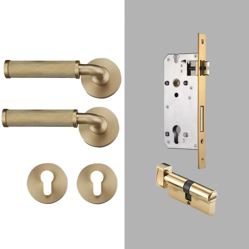 Dooroom Brass Knurled Door Lock Set Modern Interior Bedroom Bathroom Double Wood Door Lever Set Dummy Knob Privacy Passage Locks DOOROOM