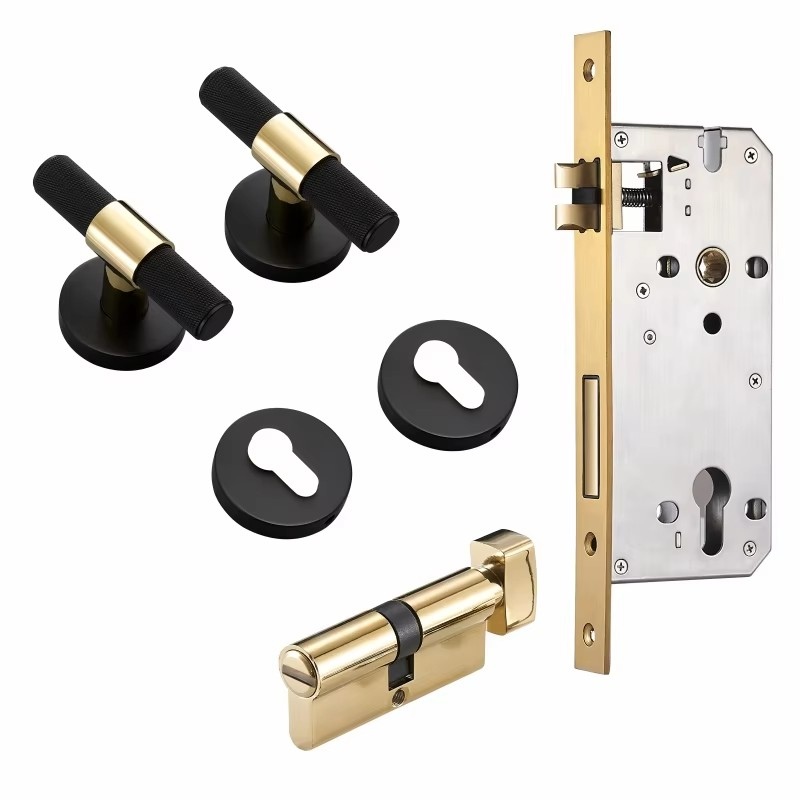Dooroom Brass Door Lever Set Modern Knurled T-bar Interior Bedroom Bathroom Double Wood Door Lock Set Dummy Knob Hidden Door DOOROOM