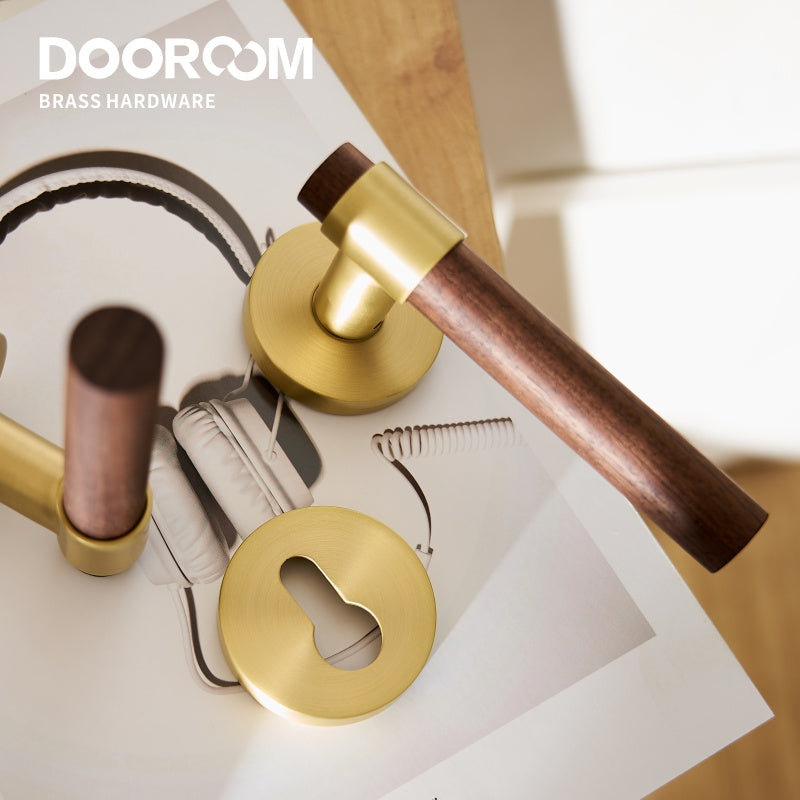 Dooroom Brass Walnut Door Lock Set Modern Interior Bedroom Bathroom Double Wood Door Lever Set Dummy Handle Knob DOOROOM