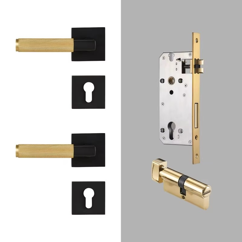 Dooroom Knurled Brass Door Lock Set Modern Interior Bedroom Bathroom Double Wood Door Lever Set Dummy Privacy Passage Lock DOOROOM