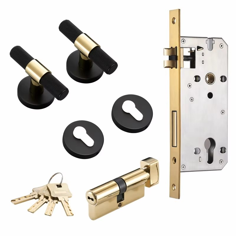Dooroom Brass Door Lever Set Modern Knurled T-bar Interior Bedroom Bathroom Double Wood Door Lock Set Dummy Knob Hidden Door DOOROOM